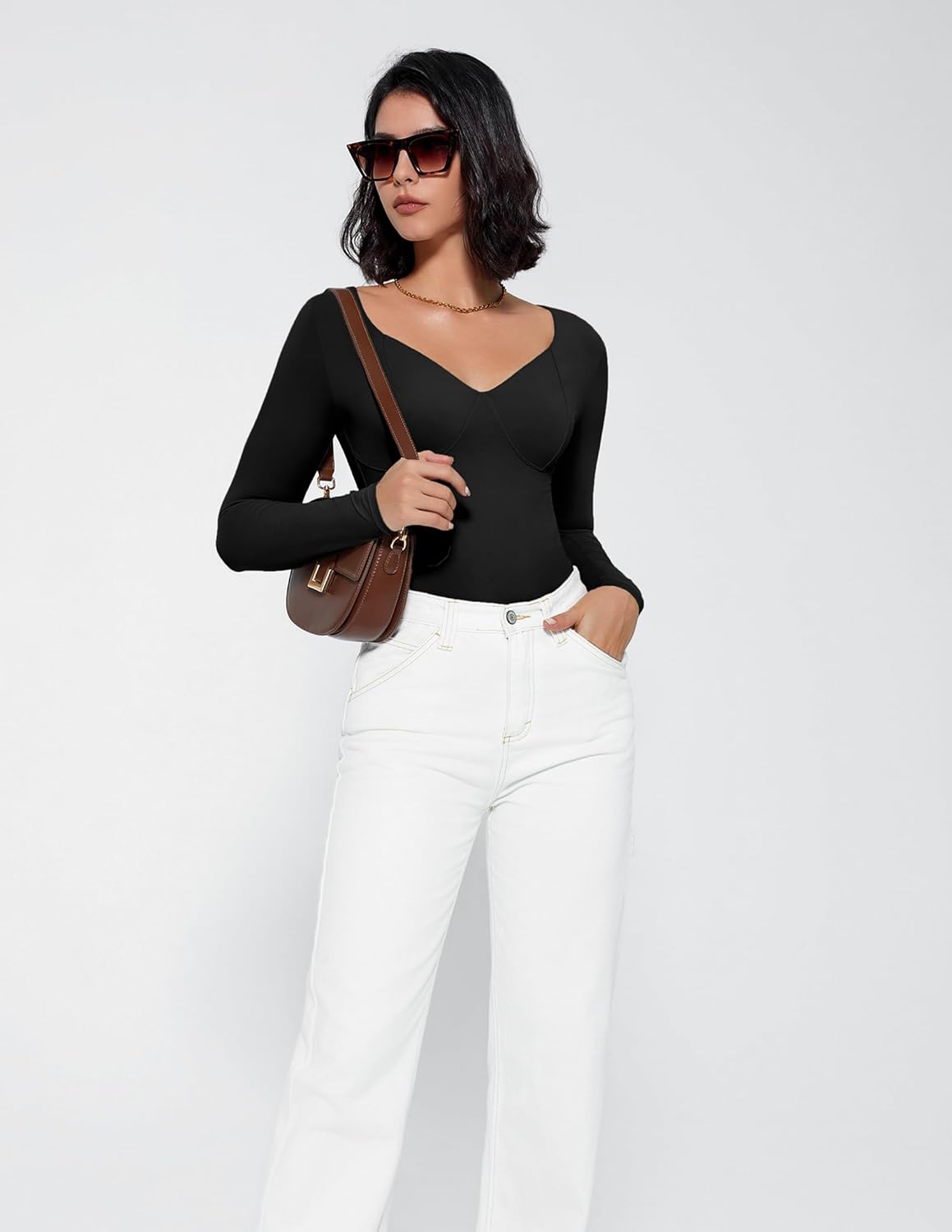 Size M .... Bodysuit for Women Long Sleeve Double Lined Tank Top V Neck Bodysuit Tummy Control Shapewear